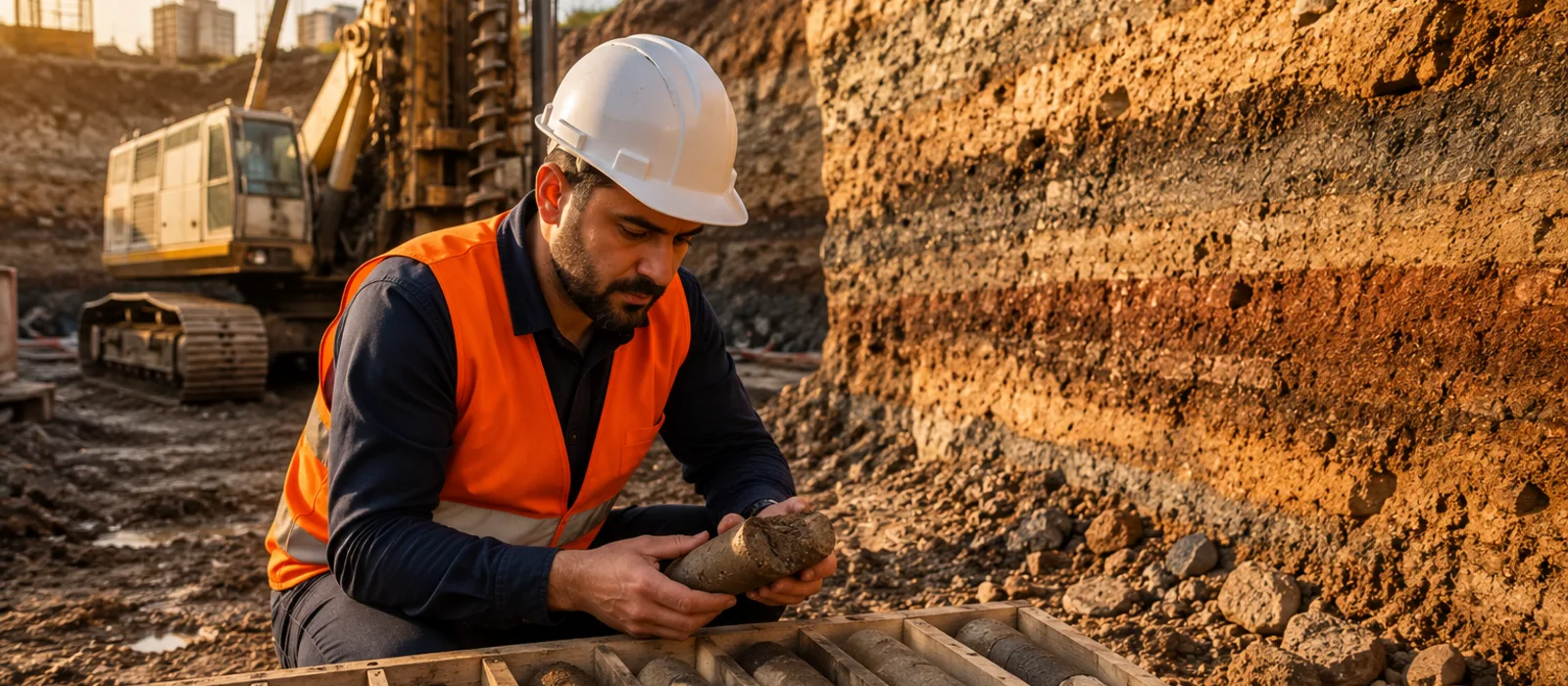 مهندس ژئوتکنیک در کنار دستگاه حفاری
